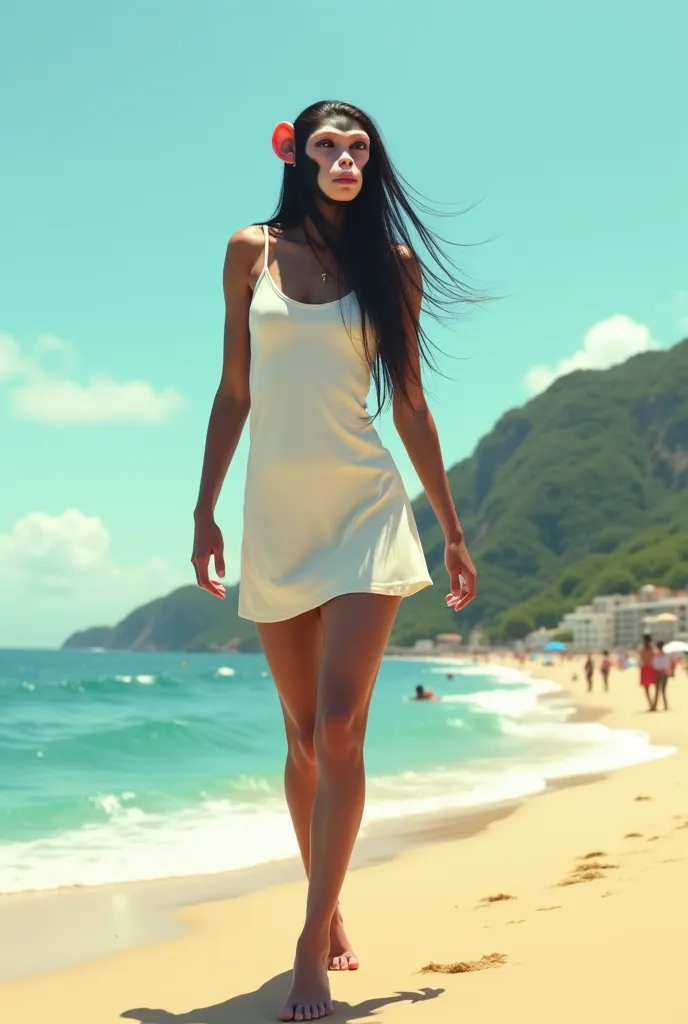 A female monkey with long, straight hair wearing a short white dress at Copacabana Beach in Rio de Janeiro 