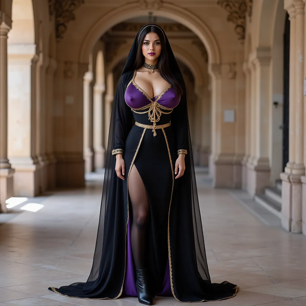 (entire body photo)1.5 of sexy tall busty Arab topmodel, standing in empty oriental corridor, choker, (black and purple (nun's outfit))1.2, (long veil as cloak), (black pantyhose)1.2, (high heels boots)1.5, ((toned thighs and legs with large muscled calves...