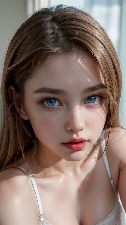 (better quality,ultra details),(Realistic woman:1.37), face photograph, ultra-Realistic woman texture, exquisite face, athletic body,  shiny colored . high definition, 8K,  Wearing red lipstick , rosy cheeks. with blue eyes, while wearing very sexy white l...