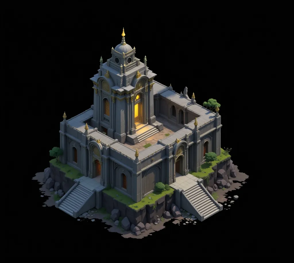 a small castle with a staircase leading up and a staircase leading down, brightly lit monolithic temple, brightly lit and colorful ruined temple, fortress background, game asset, isometric voxel, fortress portal, rpg temple, game image, isometric game asse...