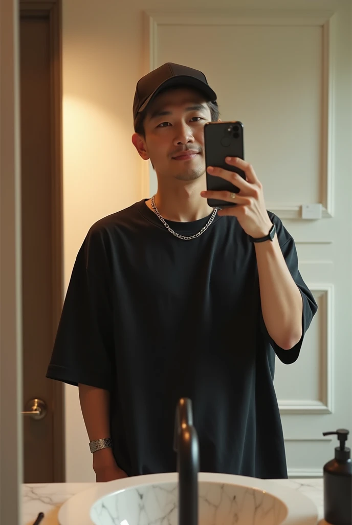 High quality self-portrait,  old Korean ager, wearing a plain oversized black t-shirt, wearing a small black rubber bracelet on his left hand, and wearing a small silver necklace around his neck, using his iPhone to take a mirror selfie. He was standing in...