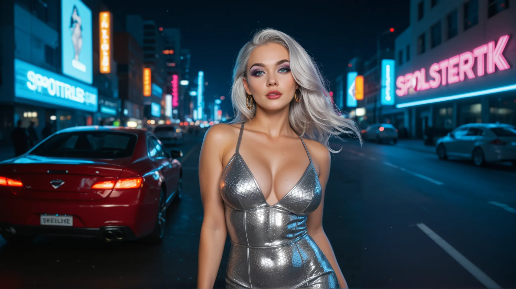 A stunning woman, with an hourglass body and plump breasts, wearing a long metallic gold and silver dress, that reflects the vibrant neon lights of the futuristic streets surrounding them. Her hair is flawless in vintage waves, and her makeup highlights he...