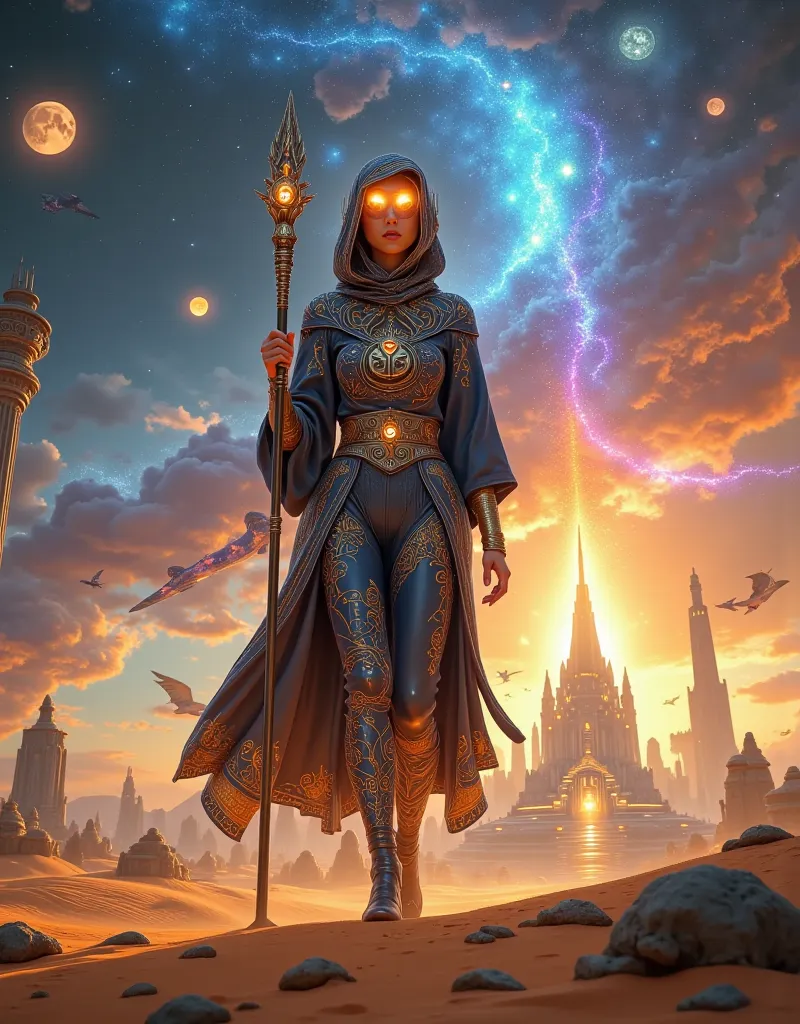 A lone traveler in an intricate, flowing robe walks across an endless alien desert under a sky filled with twin moons. Her face is partially veiled, revealing only her glowing amber eyes, which hold ancient knowledge. She carries a staff infused with pulsa...