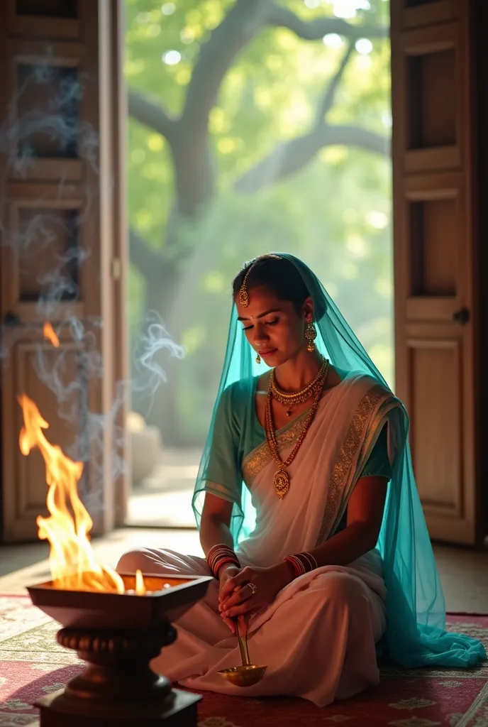 A breathtaking wide-angle cinematic view of a young, fair, and beautiful Indian woman, draped in a vibrant pastel blue and pink saree with a matching blouse, seated cross-legged inside a serene, traditionally decorated room as she performs a sacred Yajna. ...