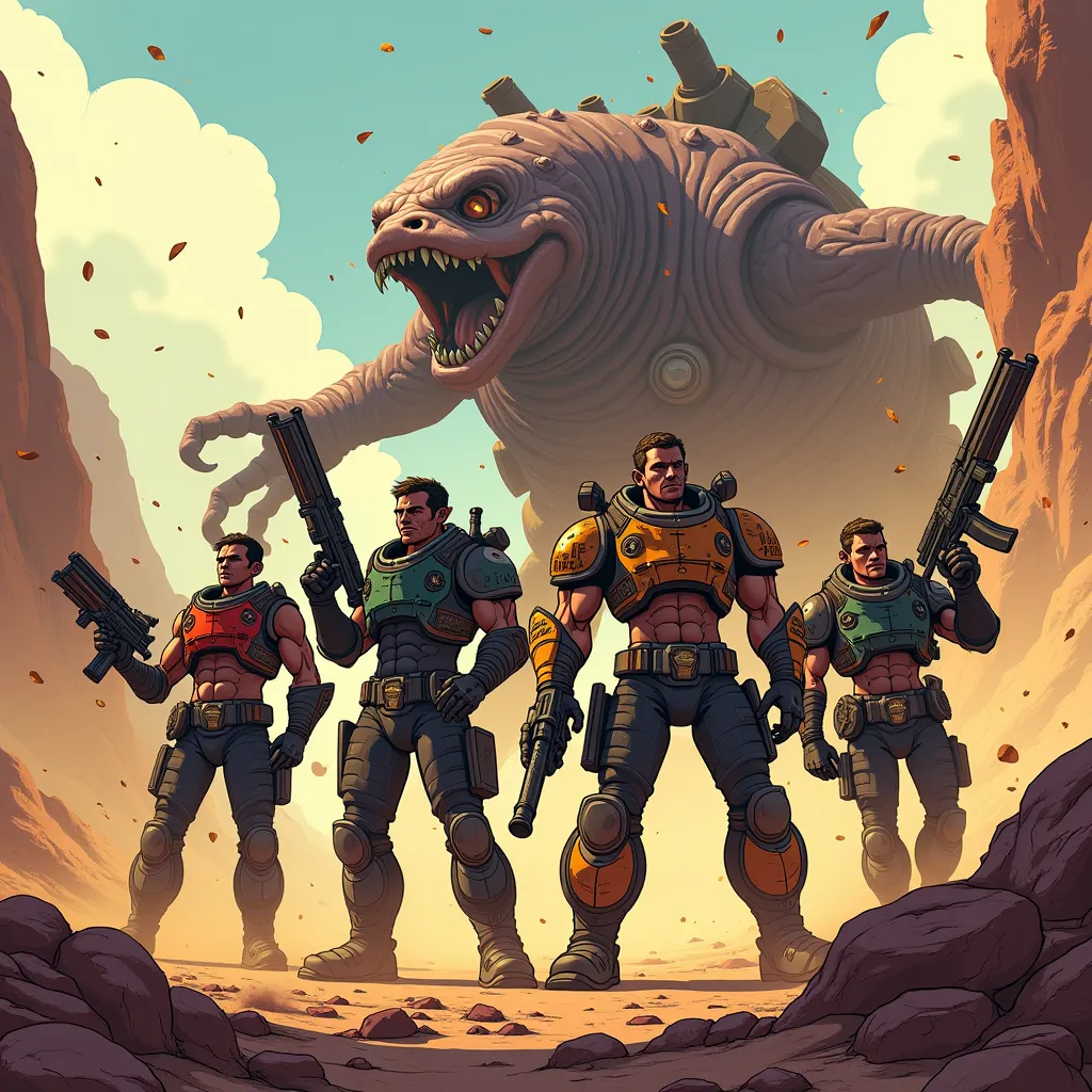 A dynamic scene on a harsh, alien planet. A group of four diverse characters stands ready for action, weapons drawn.  Borderlands-style cel-shaded art, thick black outlines, bold colors.  Dust and debris fill the air.  A menacing, oversized creature lurks ...