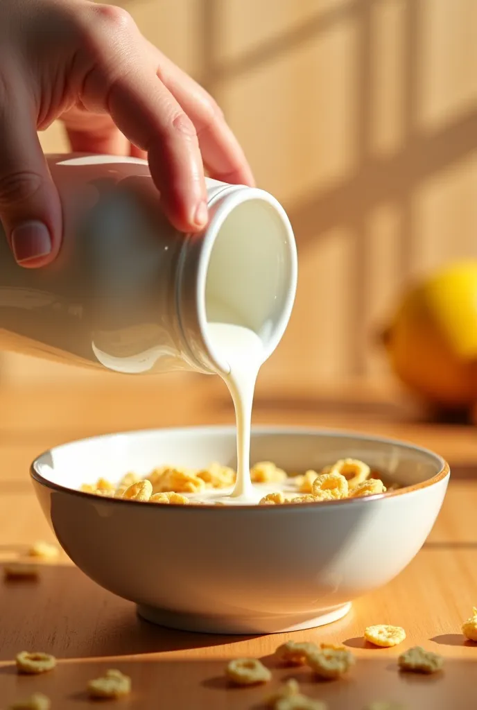 Hand pouring milk into a bowl of cereal 