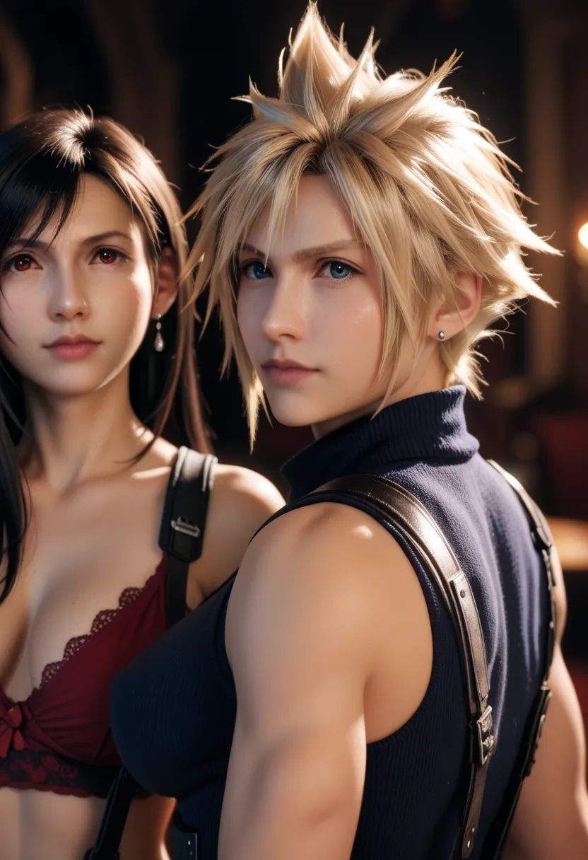 (   Masterpiece   , better lighting quality) 1 guy, Final Fantasy Cloud Strife , Одежда Final Fantasy Cloud Strife , эпическая поза perfect anatomy, hip portrait, (   Masterpiece   , better lighting quality) 1 girl, Tifa from Final Fantasy , Одежда Tifa fr...