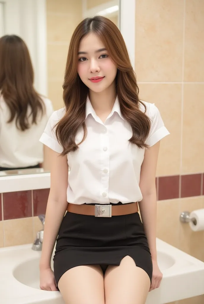 This photograph features a young Asian woman with long, wavy brown hair, medium breasts sitting on a white sink in a bathroom. She has fair skin and is wearing a short-sleeved, white blouse with a white collar and a black pencil skirt that reavealing her w...