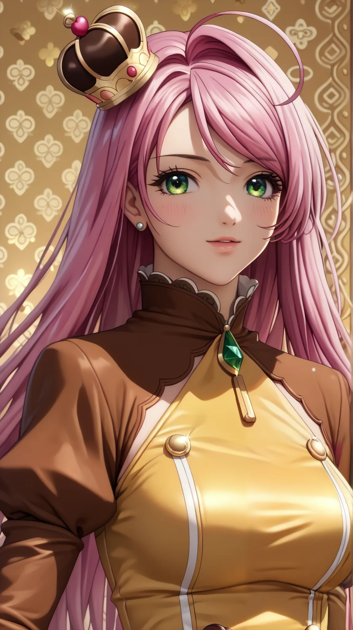 normal moka akashiya, long hair, green eyes, pink hair, ahoge, large breasts, (multi-tiered dress with layers resembling chocolate drips:1.2),
(caramel-colored satin gloves:1.1),
(high-waisted bodice with caramel swirl patterns:1.3),
(brown lace-up boots w...