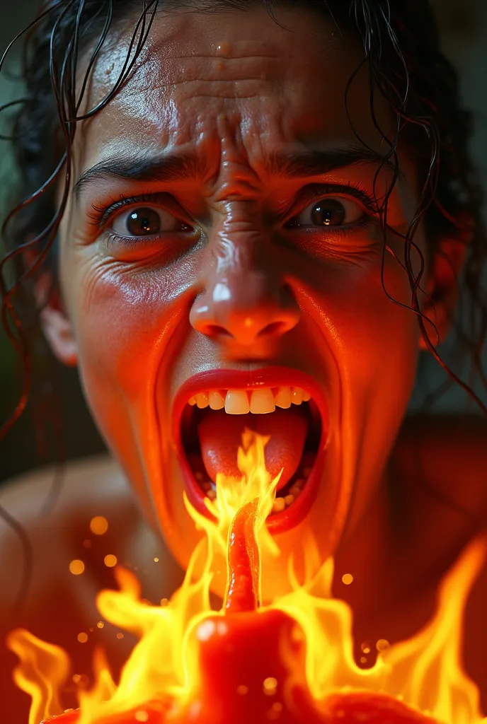 A person with their mouth on fire, sweat dripping down their forehead as they eat an extremely spicy pepper. Their face is red, and they’re gulping down water with a desperate look.