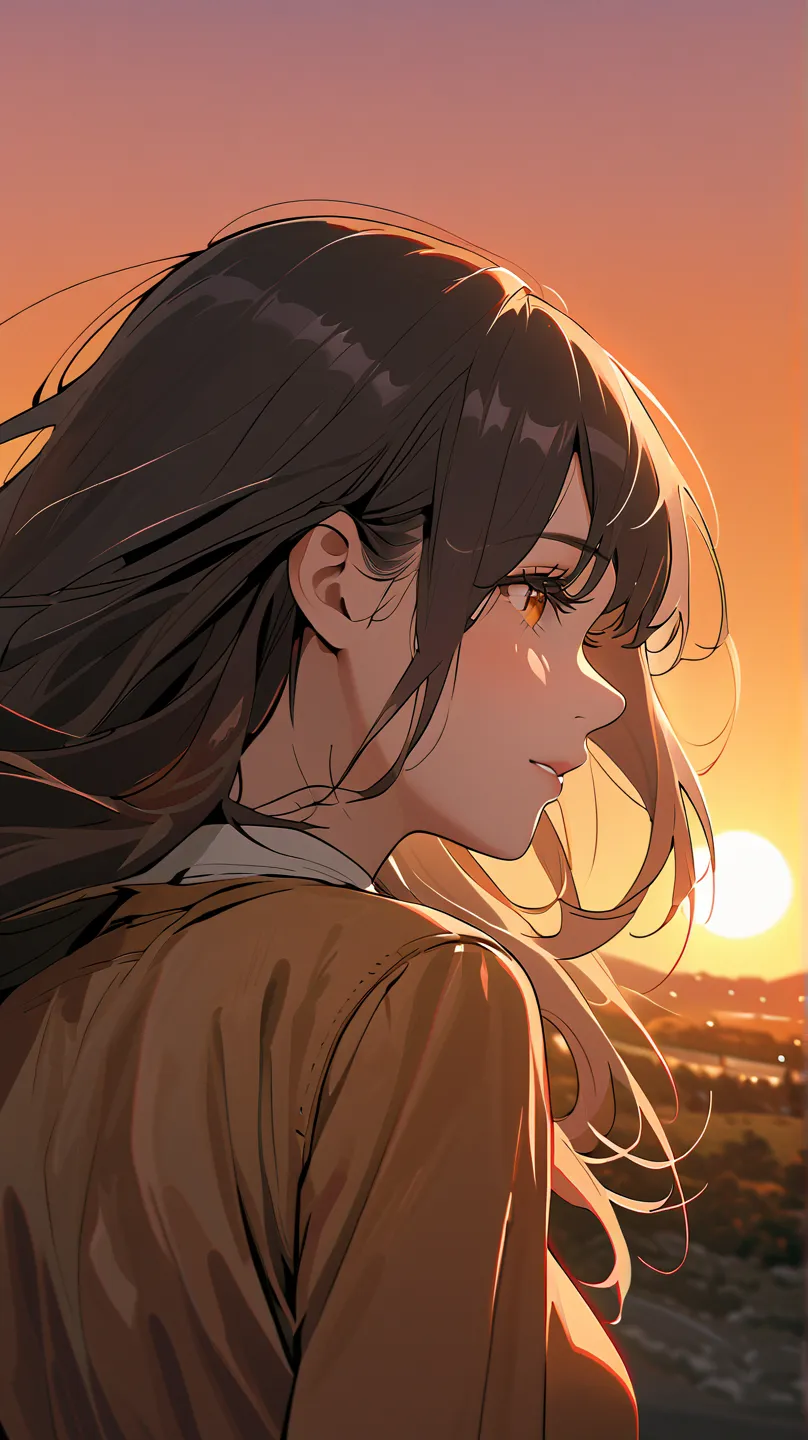 Beautiful illustration, close-up of a woman's upper body

The moment of farewell: On a hill at sunset, a beautiful woman with long hair fluttering in the wind holds back tears as she watches a car leave in the distance. In the background is an orange-tinte...