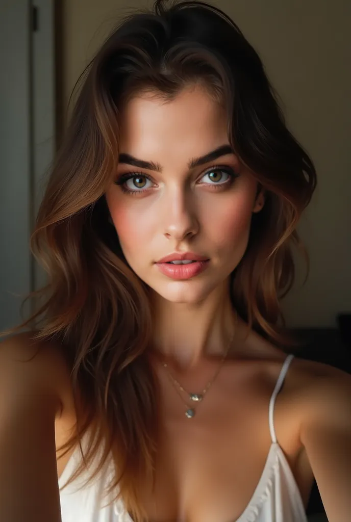 arafed woman topless, sexy girl,  brown hair and large eyes, selfie of a young woman, bedroom eyes, violet myers, without makeup, natural makeup, looking directly at the camera, face with artgram, subtle makeup, stunning full body shot, in bedroom
