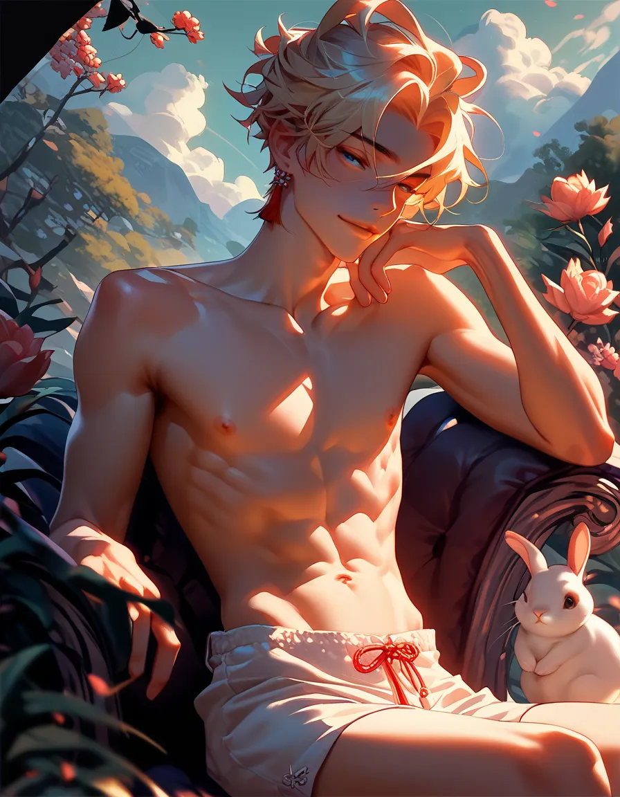 a skinny chinese boy, 20 years old, he is sitting down on a small chair near an enchanted lake with his happy white rabbit near him, he has blond hair, slim boy, skinny abs, naked, he is showing his body wearing only a sexy shorts, sweety facial expression...