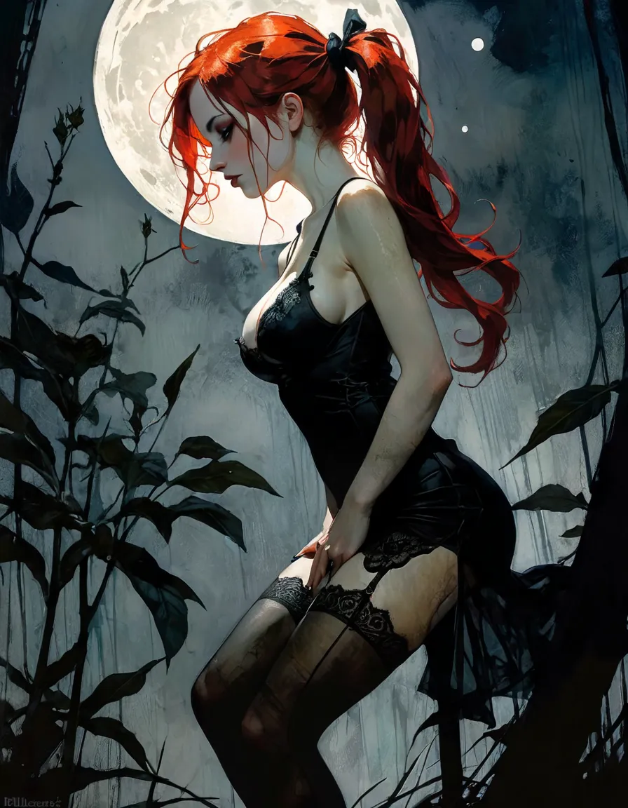 Sexy girl, long red hair, side pigtails, in shadows, medium breasts, prominent nipples, black summer dress, stockings, cleavage, sheer, night, moon, dark floral, silhouette, black and white sketch style, eroticism, sexy, black and white image, between shad...