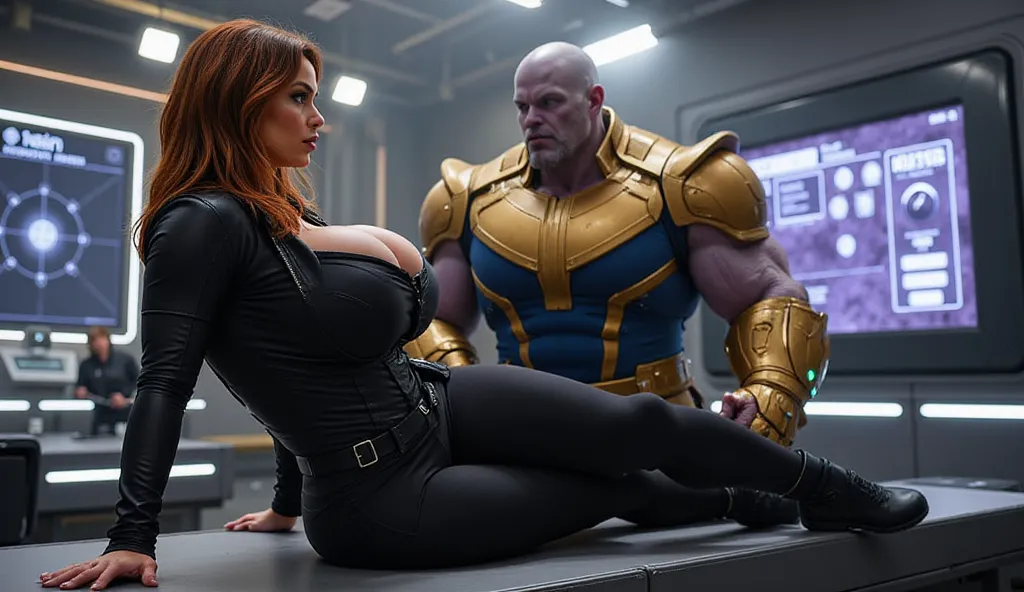 A cinematic shot of Black Widow with huge breasts posed seductively on a futuristic metallic ledge inside Avengers headquarters, her tactical suit hugging her athletic figure. She has sexy wide hips. She leans forward with confidence, her smoldering gaze l...