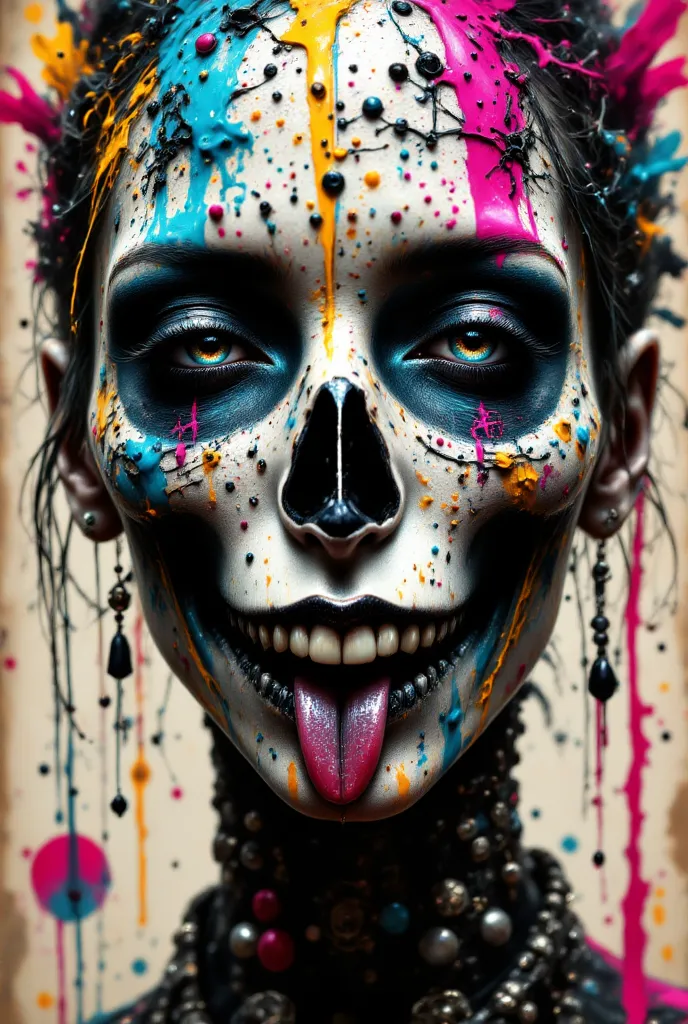 ((RAW photo),  absurd, (absurd resolution)), masterpiece, best quality, (Extremely detailed 8k unit CG wallpaper), (best illustration), ( best shade ), realistic lighting, detailed and beautiful glitter,))) ((( a smiling skull painted with random colors wi...