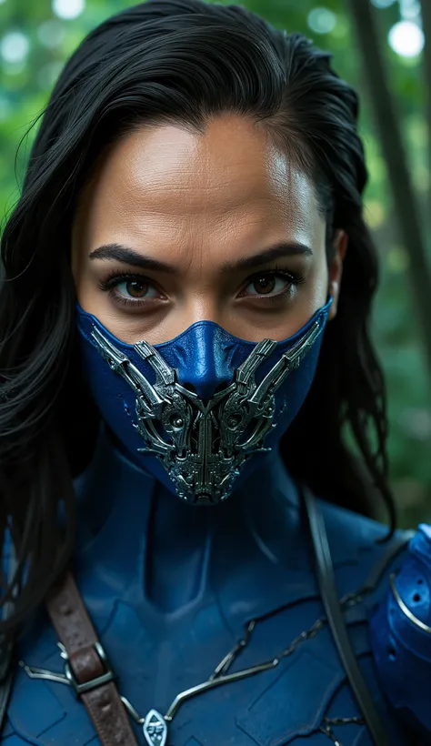 Hyper-realistic photographic style.  Gal Gadot as Kitana . Close-up do rosto. Extremely realistic blue mask and silver details. flawless skin texture. Bottom: dense forest,  Greg Rutkowski style . dramatic lighting. 8k. 8k, rendered in Unreal Engine 5 real...