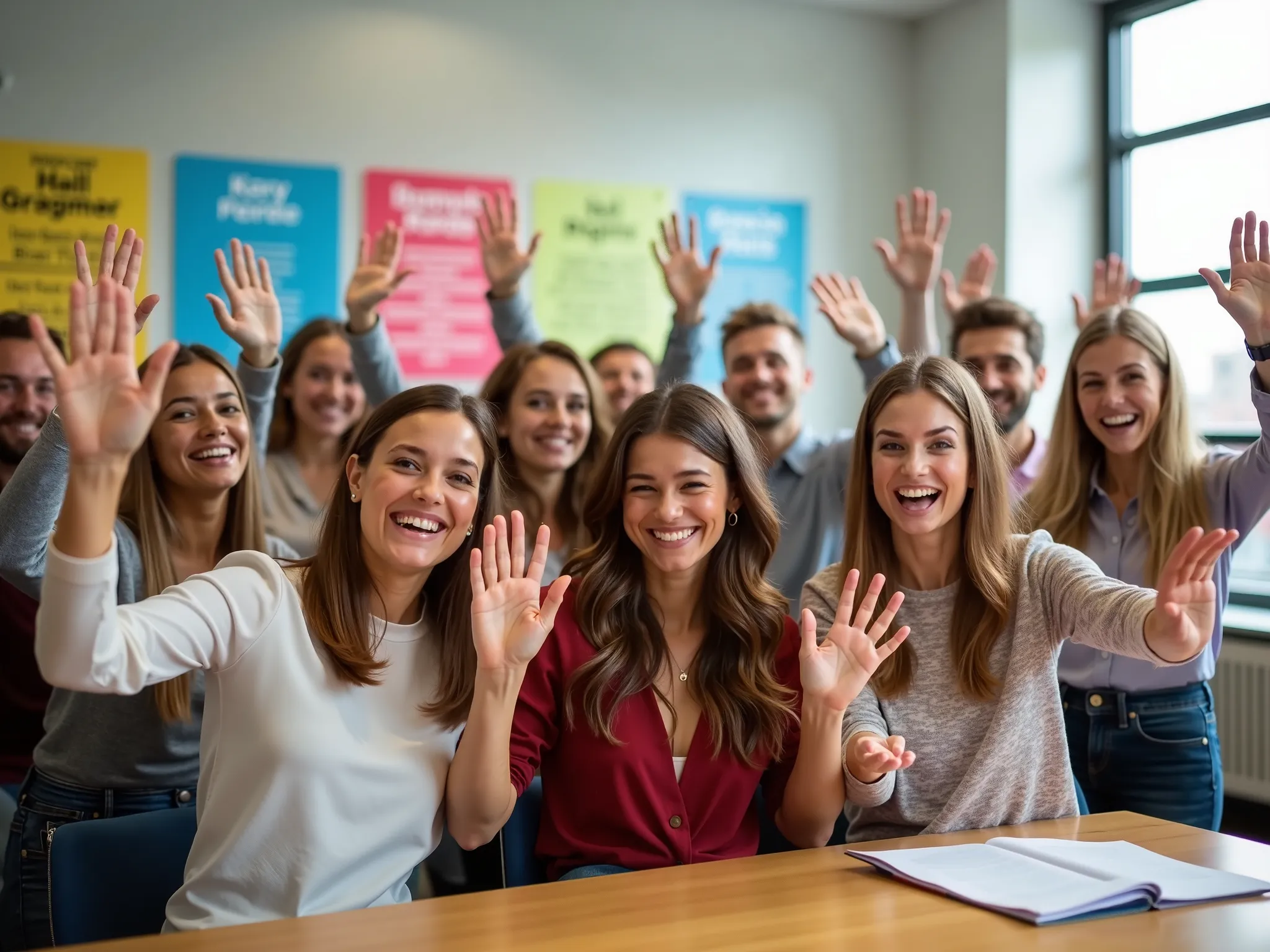 A group of cheerful people in a classroom, all with joyful expressions, waving their hands. On the wall, colorful educational posters with grammar rules are displayed.  People some dressed elegantly, others in casual clothing. The setting is bright and fri...