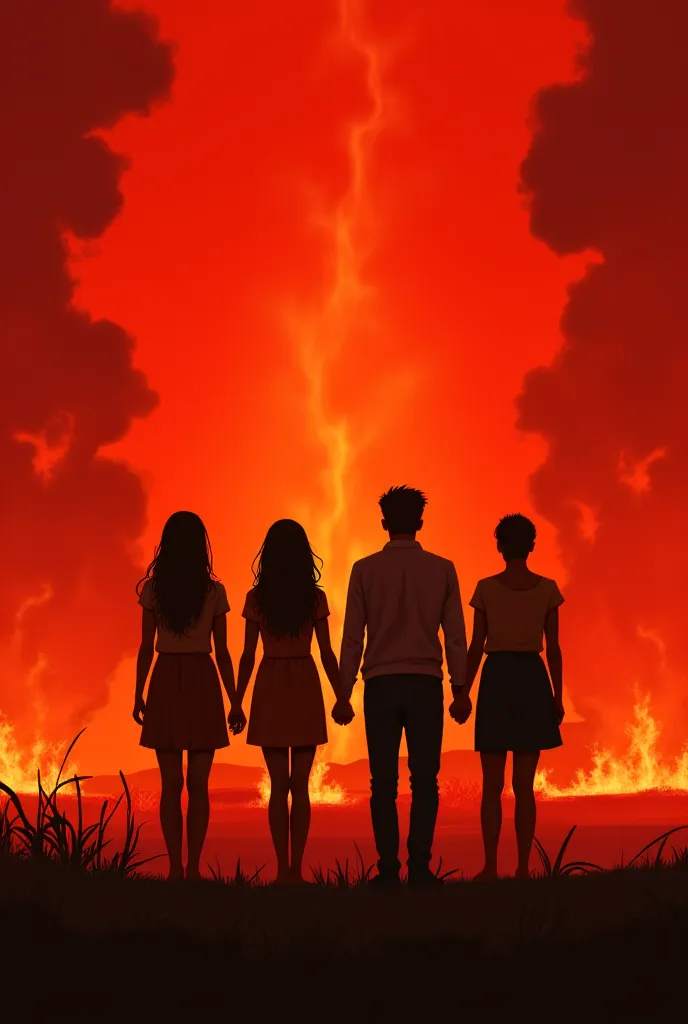 Can you draw a realistic picture in the form of 6 people 3 girls 3 boys? Let each of them be a couple and with their backs facing on fire