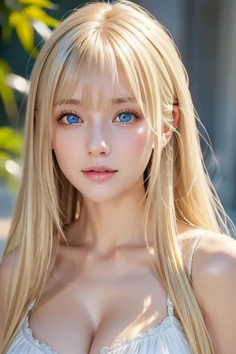 Beautiful white shiny skin 、 blonde hair color that changes with light 、 long bangs block view 、 Gloss highlights on her cheeks 、sexy and very beautiful lovely cute gorgeous face、The most beautiful face in the world、 super long gorgeous pair blonde hair、 s...