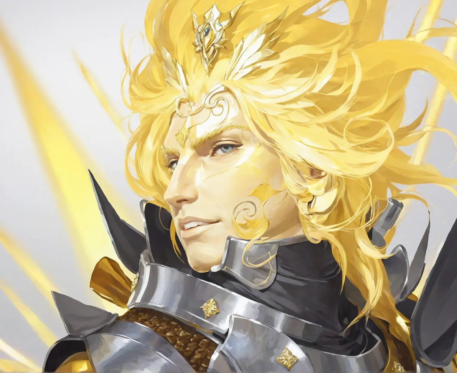 *image:transform image into realism.
* Hair: The texture of the very large golden hair is more visible, showing wavy strands and an intense shine. The way the hair spreads suggests movement and energy.
* Face: The male character's face reveals a confident ...