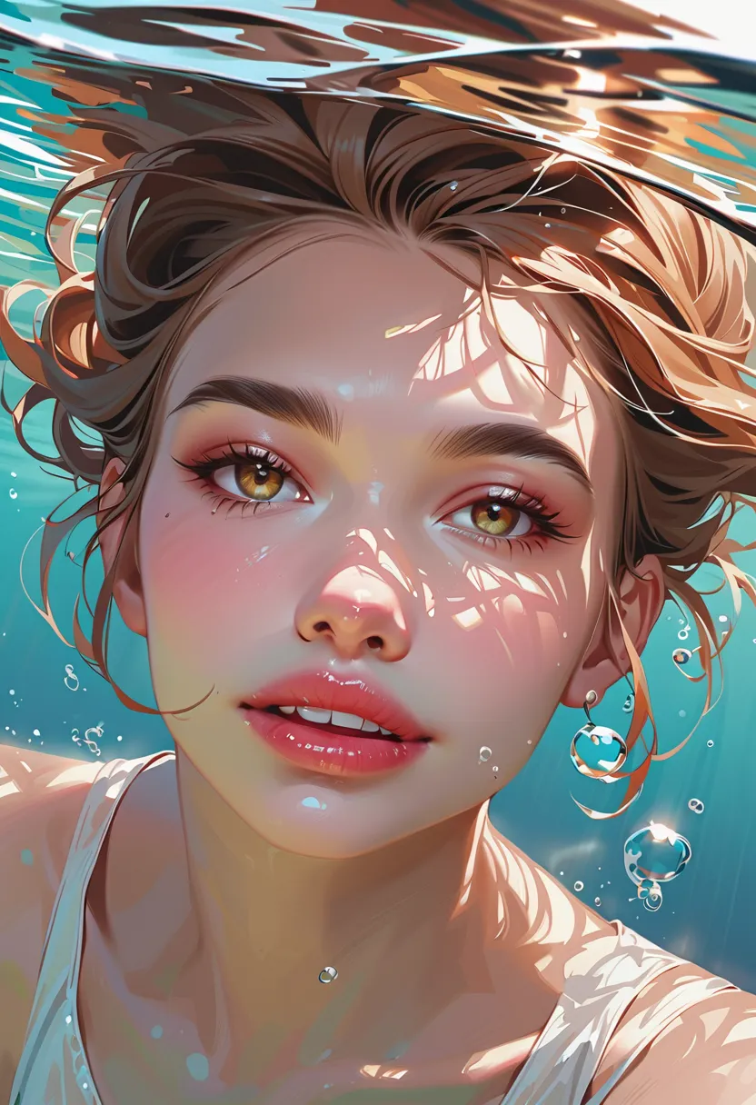 1girl, solo, underwater, teeth, bubble, partially_underwater_shot, air_bubble, smile, brown_hair, portrait, lips, caustics, submerged, nose, swimming, realistic, water