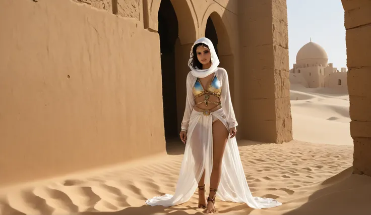 full body photo, Arabic young woman, arabic see-through silk clothes, armour, hood, skimpy, sand dunes, in the horizon is a old ruin city, ray tracing, UHD, 16k, DSLR,  photorealistic, masterpiece, award-winning