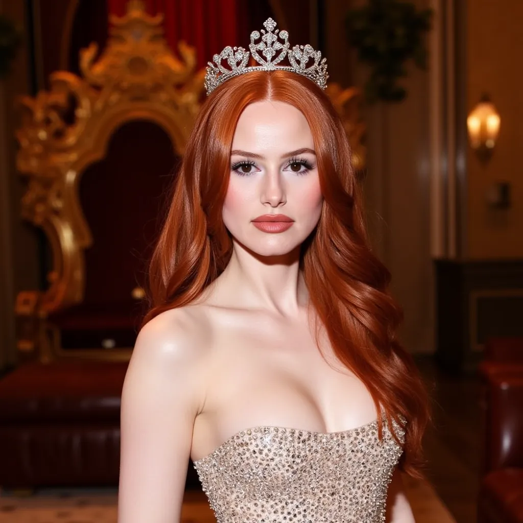 Kennedy Walsh, redhead  model wearing a royal princess ball gown with a moon crest on the bodice  with small breasts, diamond queen style tiara , looking at viewer seductive, light makeup, royal throne background