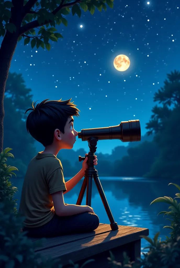 Boy with a telescope thinking that there will be more