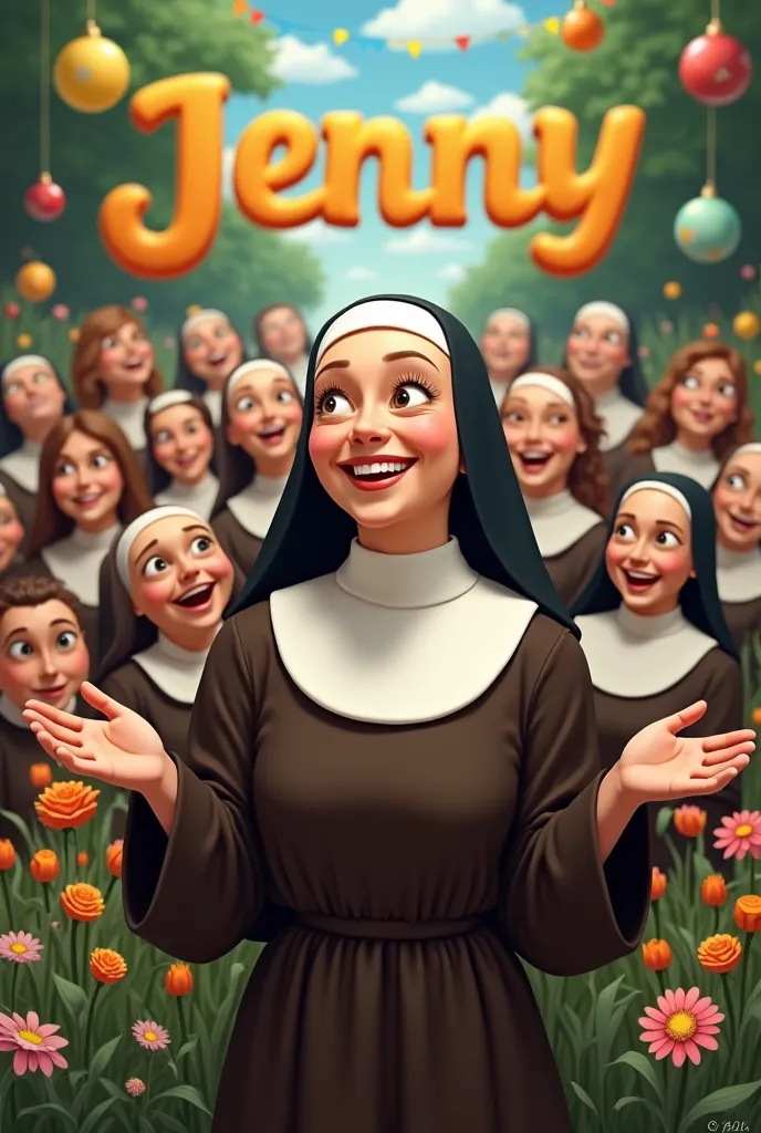 Nun in a coffee dress , surrounded by teachers , ren , celebrating her life, in front of the name Jenny with colorful ornaments and flowers 