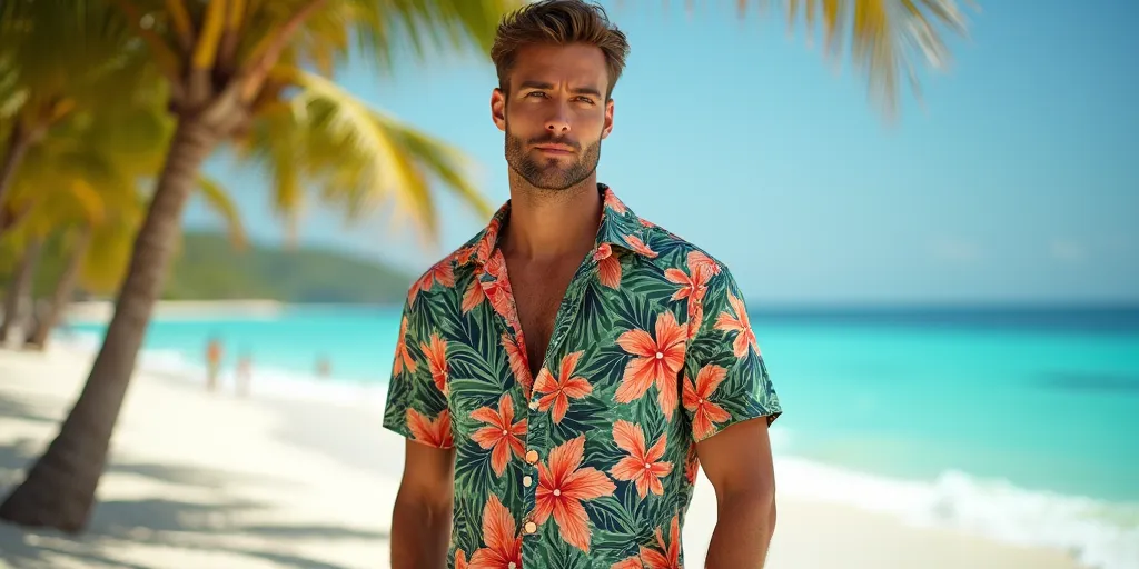 Create an image of a men's model wearing a short sleeve tropical shirt and in the background it's a beach and the image is for homapage 