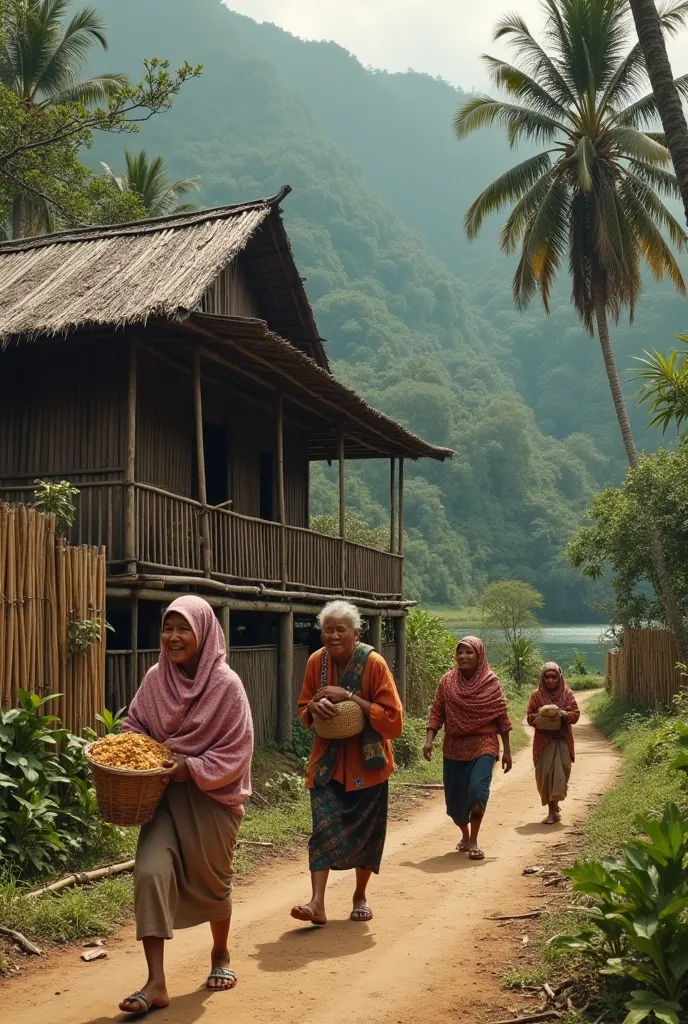 photorealistic traditional brown stilt house in indonesian village. near a highland lake fenced with bamboo there is a coconut tree on the side of the dirt road strewn with yellowed leaves. Close up Some cheerful old indonesian mothers laughing wearing rag...