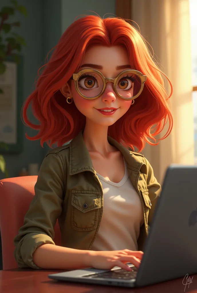 You can create a Disney character for me with the following characteristics, shoulder-length red hair, brown eyes, with lenses, Red lips and that she has urban clothes, That I'm sitting with a laptop
