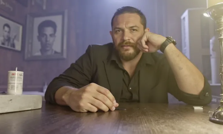 A **close-up shot of Frankie, a sharp-eyed man in his mid-30s, leaning forward slightly, elbows resting on the table**, his **hands clasped together just inches from his untouched glass of bourbon**.
His **deep-set eyes are shadowed beneath the warm, flic...