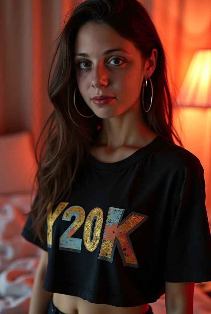 A beautiful girl, Baddie Y2K Outfit, Black Cropped Graphic Tee, Glossy Lips & Hoop Earrings, Sleek High brown hair, bedroom, brown hair, sexy girl , light 
 