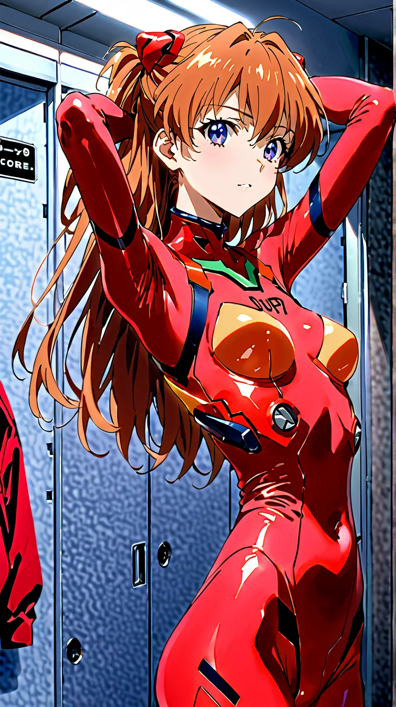 score_9,score_8_up,score_7_up,source_anime,1girl,souryuu asuka langley,neon genesis evangelion,solo,indoors,changing room,arms behind head,cowboy shot, interface headset,red bodysuit, view from the ass 