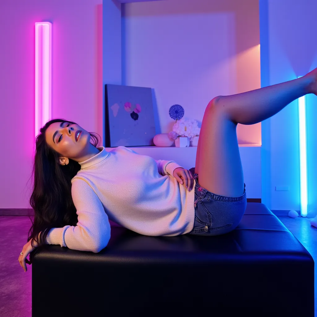 This artistic photograph features a young woman reclining on a sleek black surface, embodying a sense of intimacy and allure. The space is illuminated with eye-catching neon lights in shades of pink and blue, adding a dynamic contrast against the soft past...