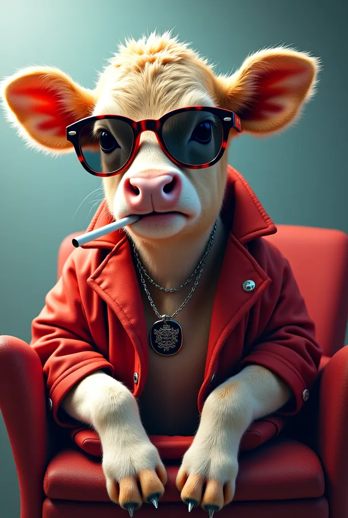 Color design of a calf smoking a cigarette, wearing sunglasses, wearing fashionable clothes, sitting on a chair, transparent background 