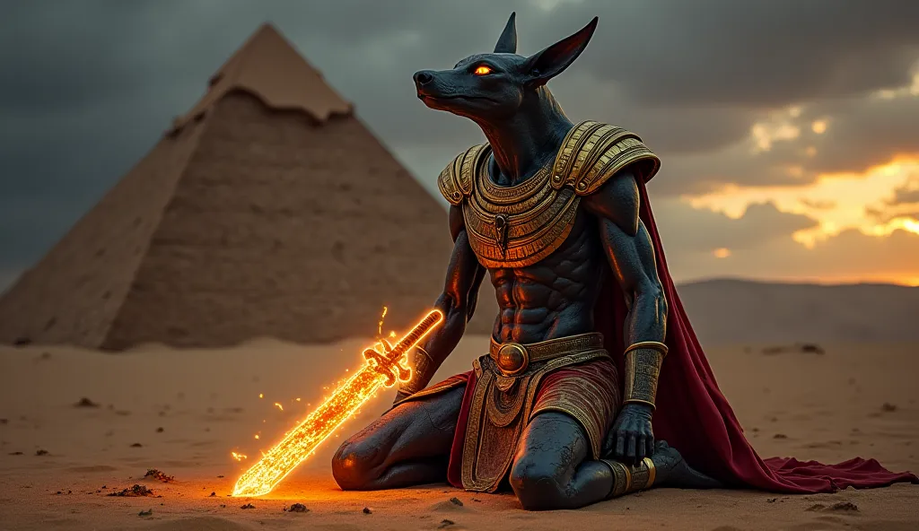 A wounded Anubis, the immortal god of the afterlife, kneels in a desolate desert battlefield under a stormy twilight sky. His once-gleaming obsidian-and-gold armor is shattered, cracks spiderwebbing across its surface, revealing glimpses of his divine, sha...