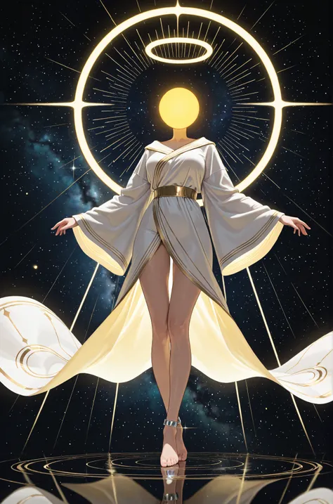 (no head, Instead of a head, the Sun), Hand and silver jewelry. Hands and feet are прозрачный. white Greek robes, private places are covered. They emit yellow light inside the tape. Gradation. halo. goddess. divine . Gray Aurora. high resolution. Cosmic H...