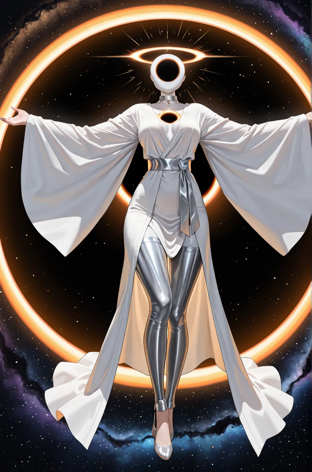 ((no head, Instead of a head, a Black hole)), Hand and silver jewelry. white Greek robes, private places are covered. They emit orange light inside the tape. Gradation. halo. goddess.  divine . Gray Aurora. high resolution. Cosmic Horror. Personification o...