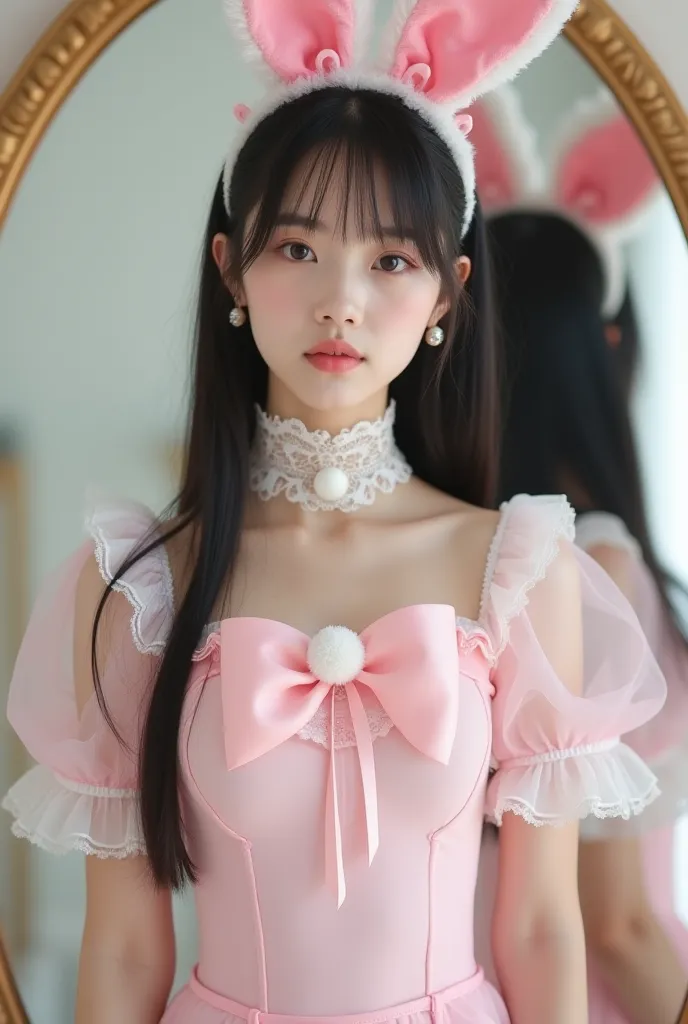 A 17-year-old Korean woman with long straight black hair with bangs and brown eyes with pale skin. wearing a feminine costume inspired by bunny, made of delicate, translucent fabric in the color light pink. The costume is a tight body with white ruffles on...