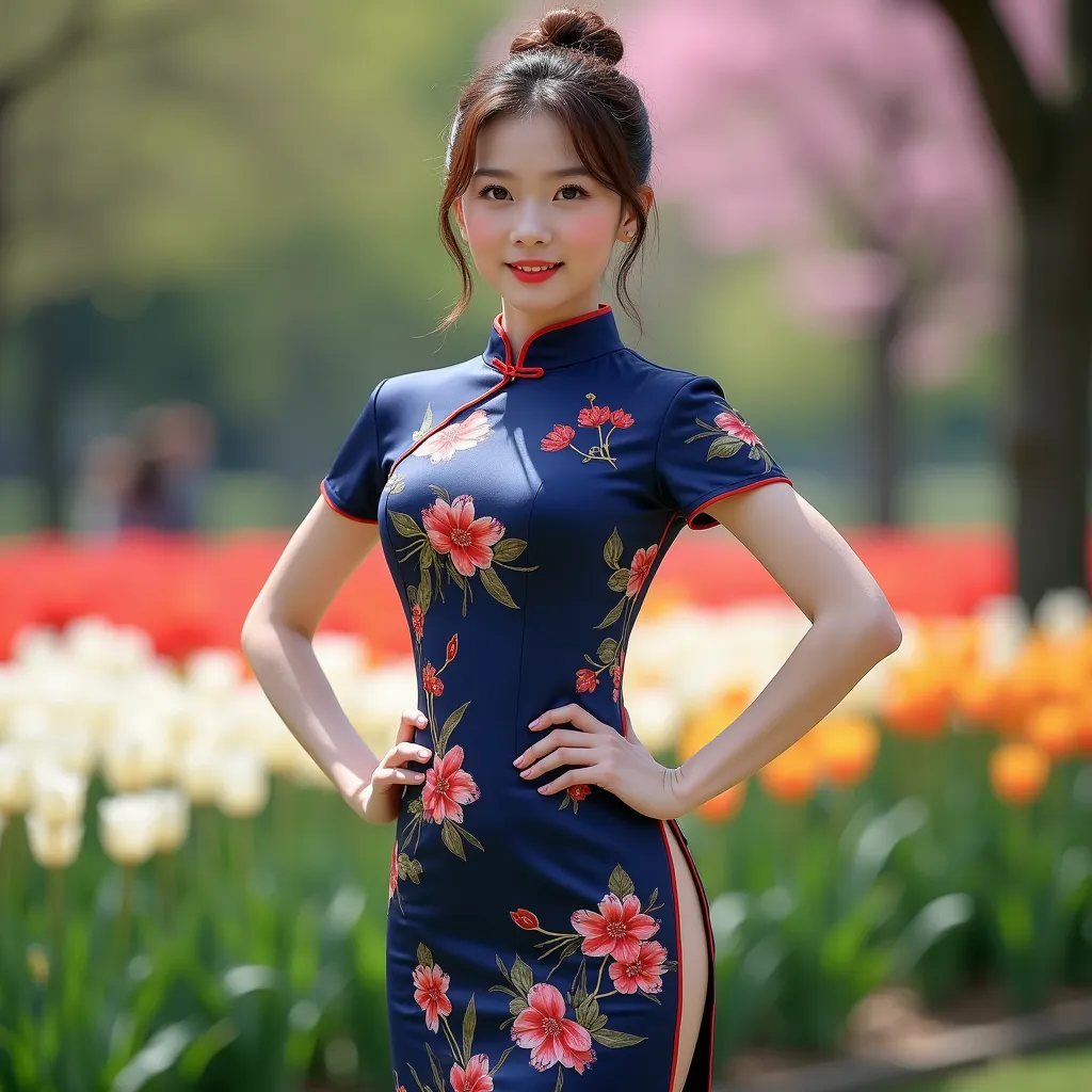 live-action, Keukenhof garden. a young women, Hands on Hips, she is wearing a navy blue Chinese dress, Japanese cherry Print Mandarin Collar Cheongsam Dress Chinese Style Short Sleeve Split Qipao Dress, hot cheongsam, tight cheongsam, long side slits up to...