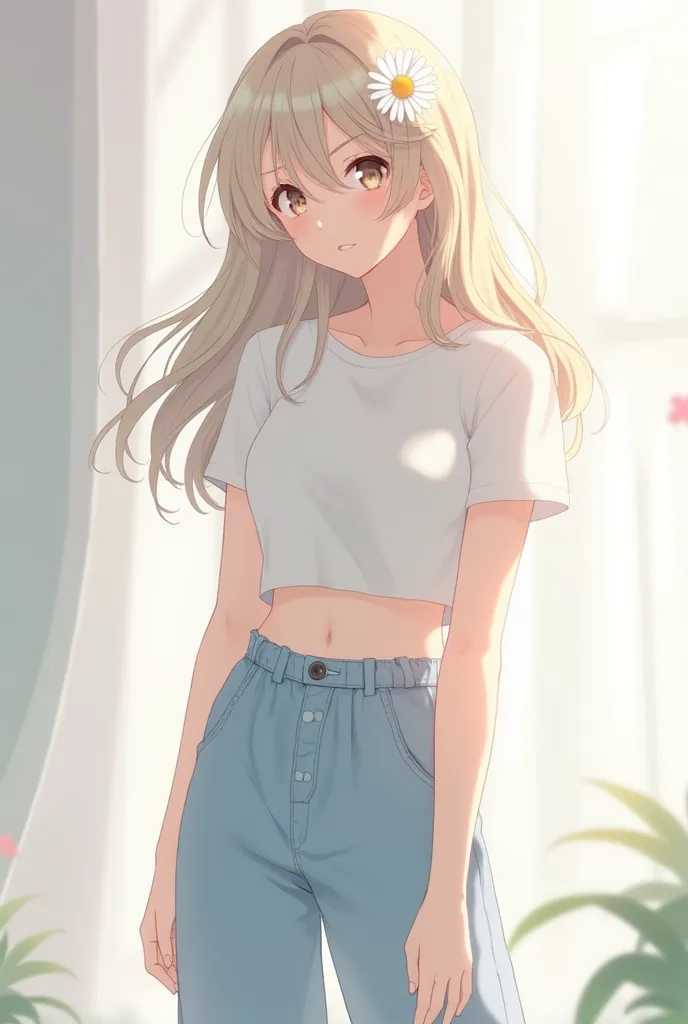 anime girl with long, light-colored hair, a white cropped t-shirt, baggy light blue jeans, a white daisy in her hair, white shoes