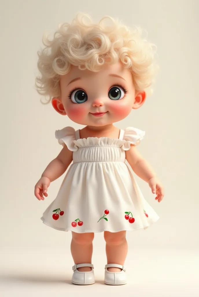 Baby in white dress with drawn cherries, very curly hair and white shoes 