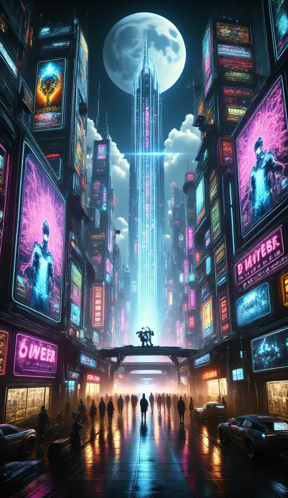 futuristic city, Huge screens with flashy letters showing advertisements, autdoors with beautiful cyber-robotic models,bright lights, floating cars, buildings, Skyscraper , night, Moon covered by clouds, 8k,cybernetic, Ultra HD, ultra detailed,oil painting...