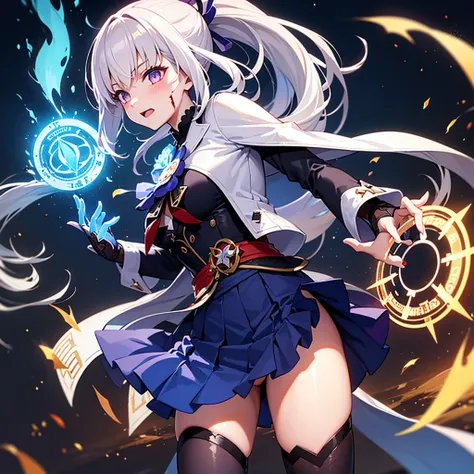 1girl, japanese clothes, ponytail ,white hair, purple eyes, magic circle, blue fire, blue flames, wallpaper, landscape, blood, blood splatter, depth of field, night, light particles, light rays, sidelighting, thighs, fate \(series\), genshin impact, ****, ...