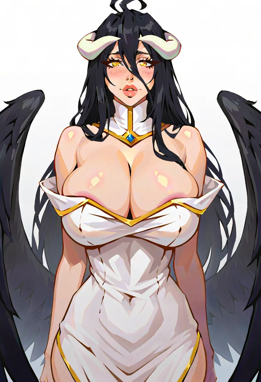 score_9, score_8_up, score_7_up, Portrait, monster girl, cute, seductive, innocent, light smile:0.3, plump lips, slender body, black feathers, black long hair, delicate and smooth skin, white horns, large teardrop breasts, feathered wings, gold details, ye...