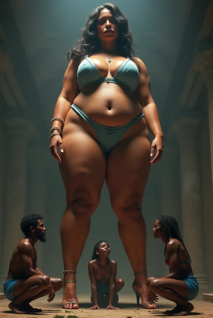 A giant female BBW with 3 m, black , with strong muscles,  with lingerie , light blue and high heels,  dominating 3 little African slaves, full body image