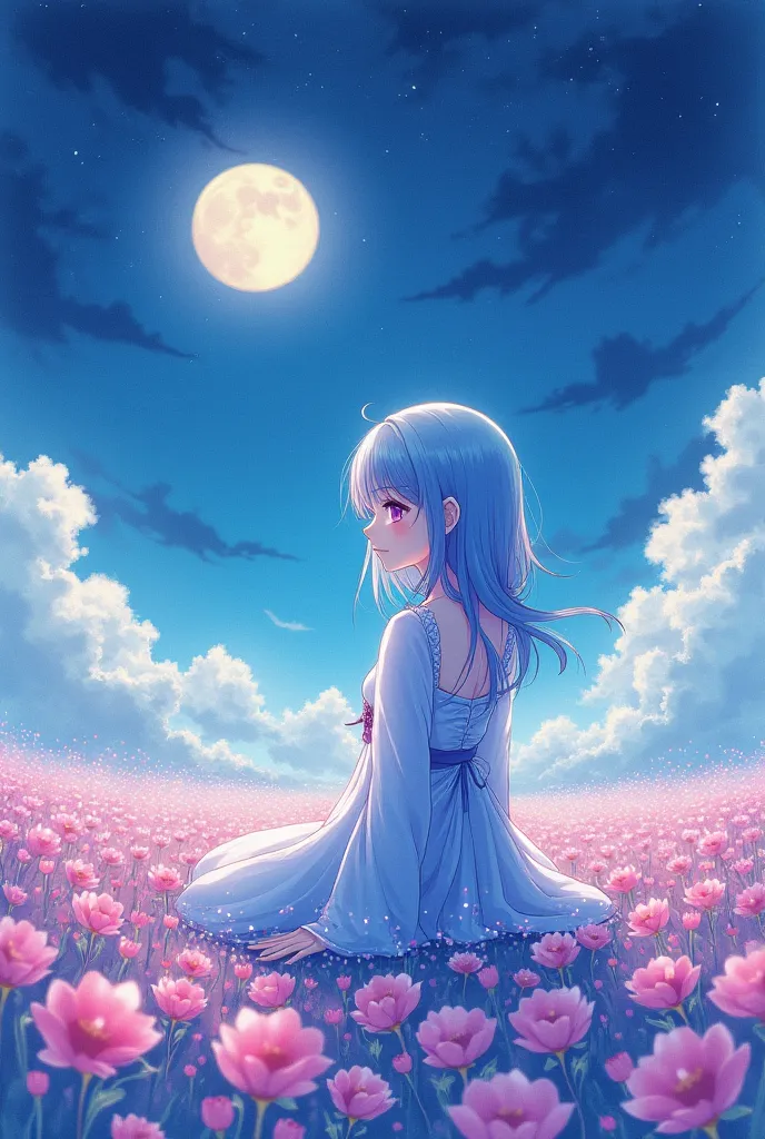 watercolor painting of a young woman with waist-length hair in light blue, purple eyes, how the galaxy, dressed in a Liyue style dress in Genshin Impact, sits in the middle of a huge flower field, night field ,moon,  looks forward 